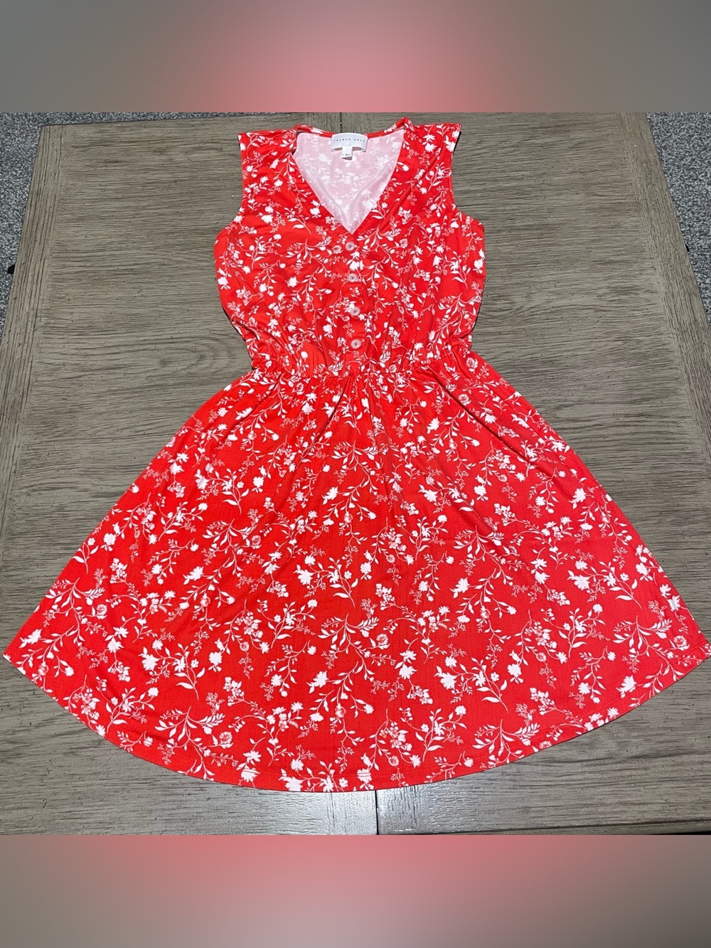 French Grey women’s dress, size small, red/orange with white print.